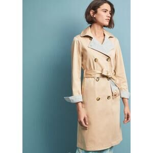 Anthropologie Spring Blue Gingham-Lined Trench Coat